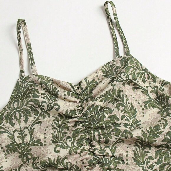 Multicolor Boho Women's Spaghetti Strap Leaf Print Ruffle Hem Maxi Slip Dress - Picture 4 of 7